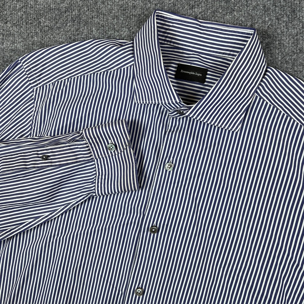 Ermenegildo Zegna Shirt Mens 2XL Blue White Striped Button Up Made in Italy
